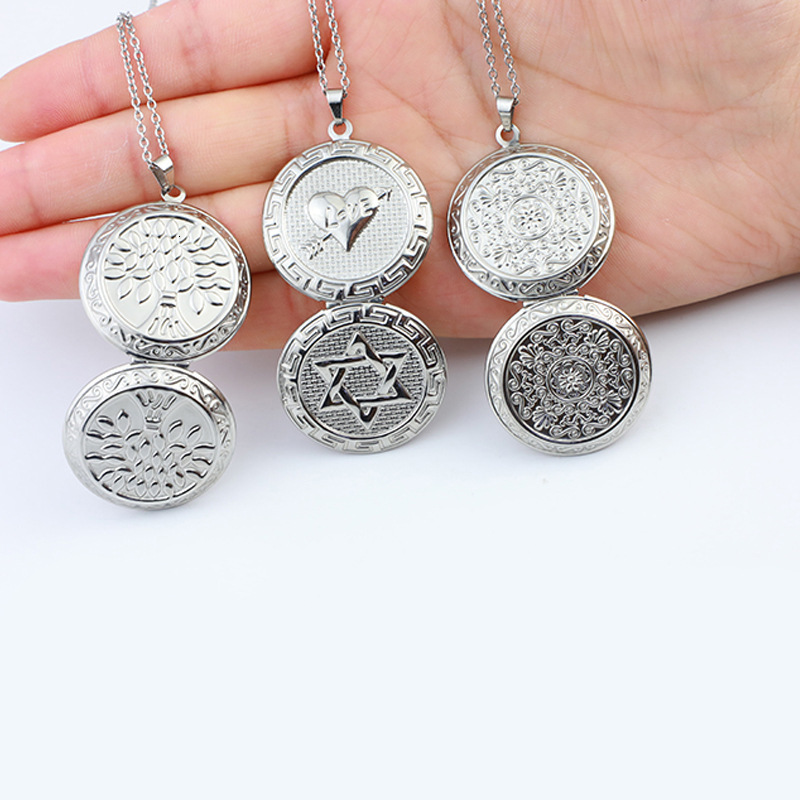 Fashion Versatile Stainless Steel Photo Necklace Round Single-Sided Hollow Commemorative Box Printed Pendant Jewelry