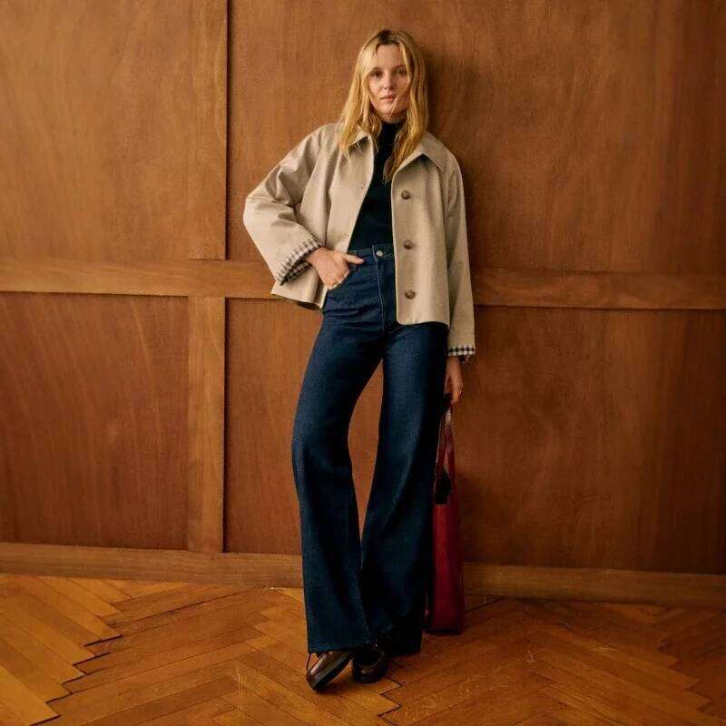 Women 2025 Spring And Summer New Loose Single-Breasted Lapel Short Trench Coat Plaid Inner Contrast Jacket