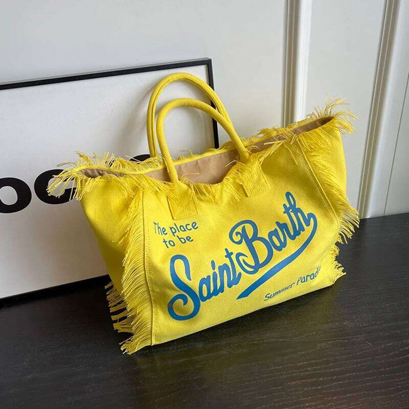 Fashion Denim Printed Tote Large Capacity Shoulder Commuter Bags Handmade Tassel Canvas Summer Beach Women's Bag