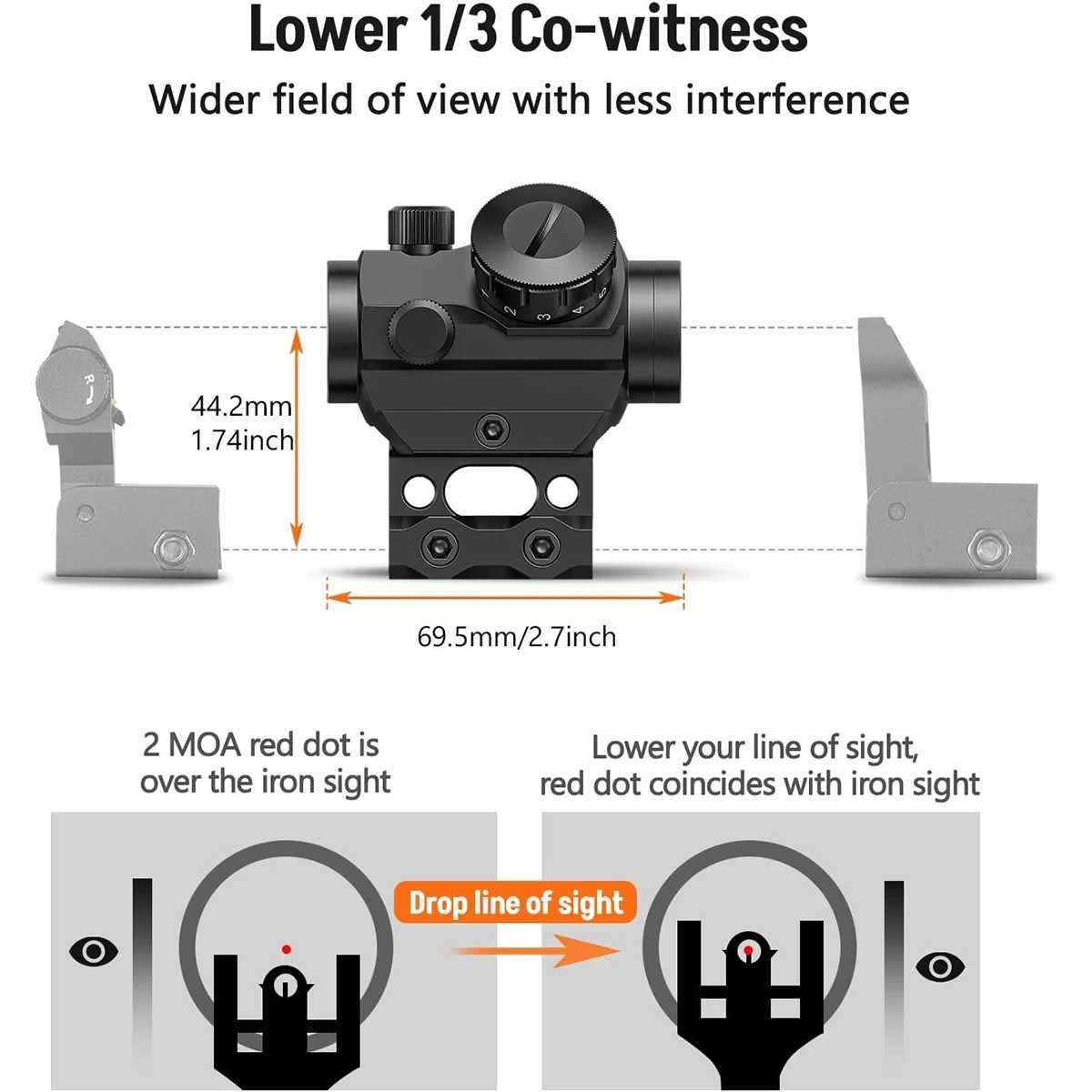 2MOA Red Dot Sight 1x25mm Reflex Sight Waterproof Shockproof FogProof Red Dot Scope with 1 inch Riser Mount W250912