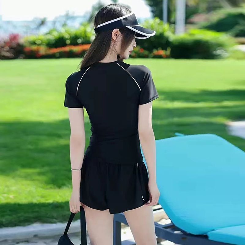 Sports Swimsuit Adult Women's New Plus Size Two-Piece Set Short Sleeve Student Hot Spring Conservative Swimwear