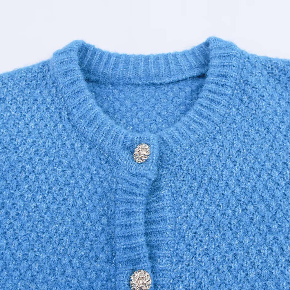 DHEssentials 2025 Autumn New Women's Fashion Wind Diamond Check Pocket Chanel Style Round Neck Knitted Long Sleeve Sweater Coat