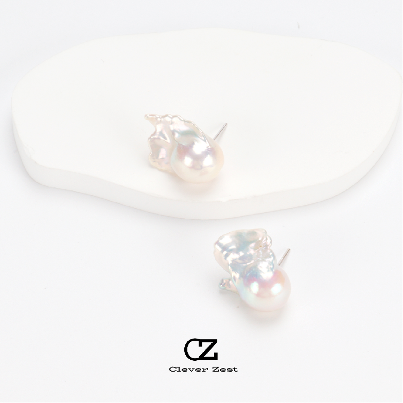 15-16mm White Baroque S925 Sterling Silver Stud Earrings S925 Silver Freshwater Pearl Stud Earrings Fashionable and Versatile Perfect for Vacations