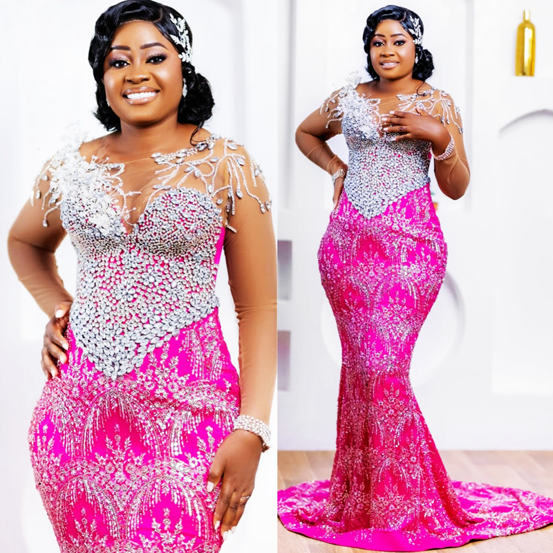 2025 Mermaid Aso Ebi Fuchsia Prom Dresses For Black Women Detachable Train Formal Gowns Beaded Lace Sheer Neck Flora Birthday Second Reception Gown AM