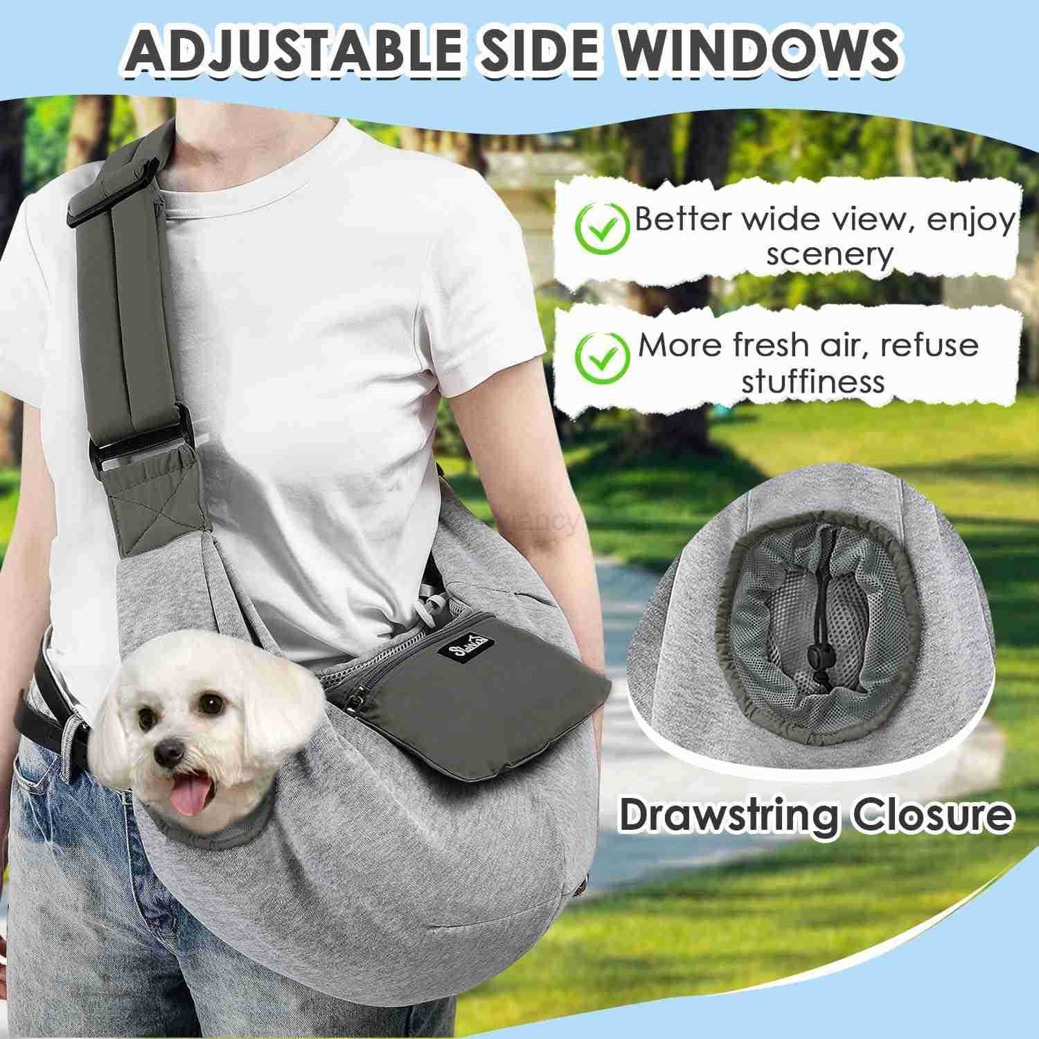 Dog Slings for Small Dogs Adjustable Breathable Puppy Sling with Window Pet Purse with Storage Pocket Safety Leash Fits for Small Dogs Cat up to 12lbs