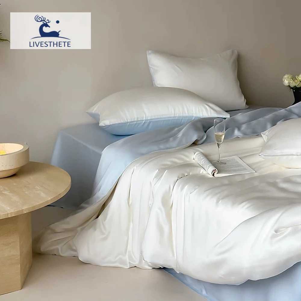 LivEsthete 100 Silk Duvet Cover Set Queen King White Blue Bedding Set Best For Skin Care Flat Sheet Pillowcase Bed Linen C250912