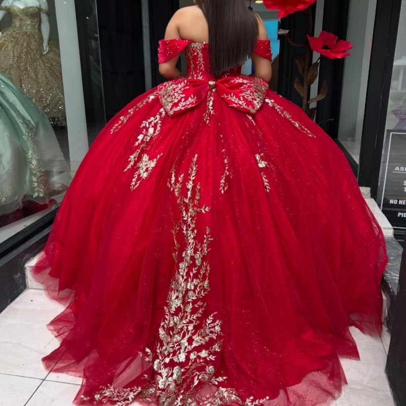 Red Shiny Ball Gown Quinceanera Dresses Off The Shoulder Sequin Applique Lace Beads Tull Party Birthday Sweet 16 Dress Vestidos 15 De Anos