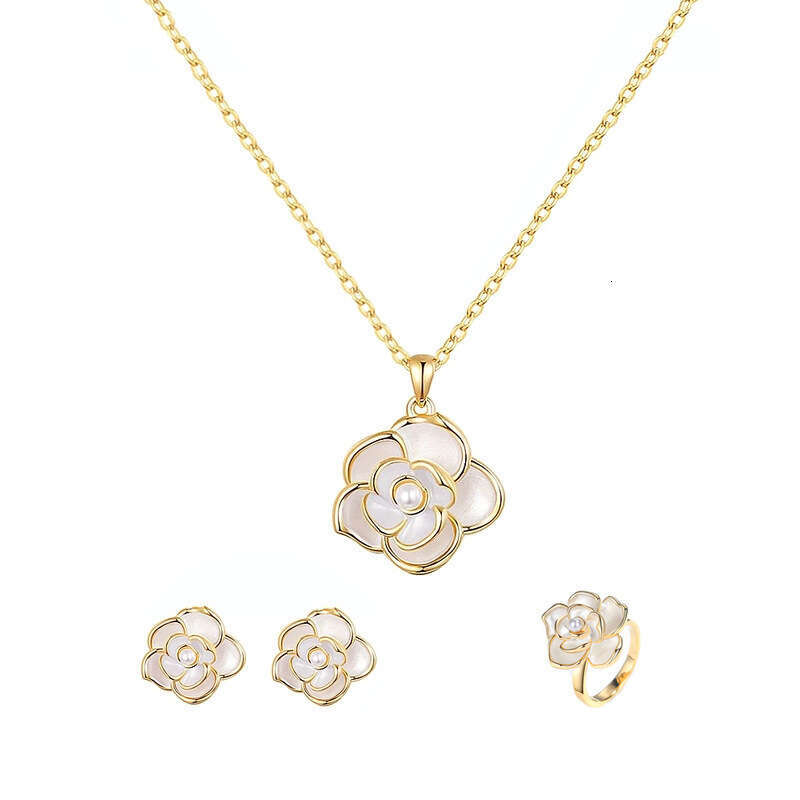 Pearl New Floral Style Three-Piece Set Ring Pendant Fresh and Elegant Women's Jewelry