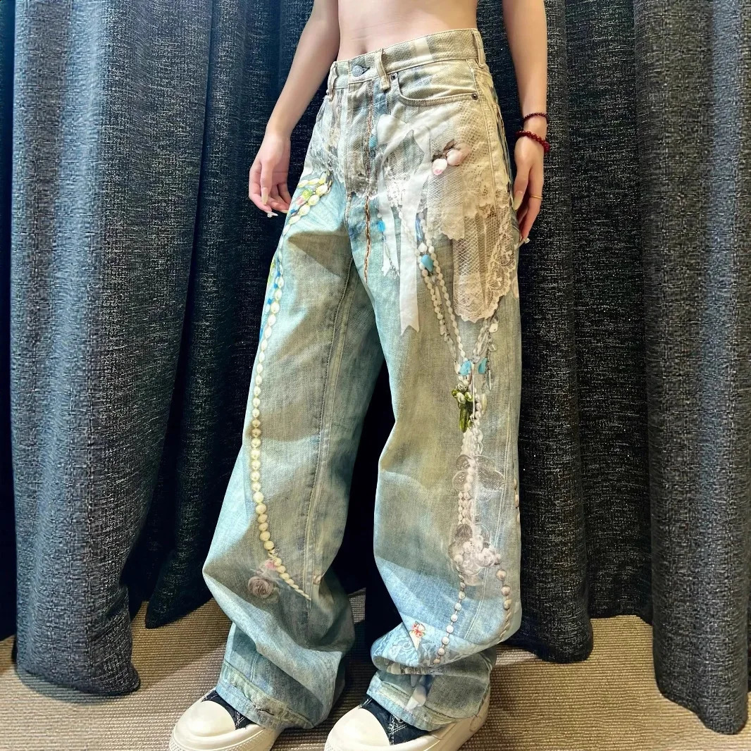 Fashionable Niche 3D Printed Lace Pearl Print Chain Straight Long Pants for Women Fashion Denim Trousers Street Jeans Ladies 250911