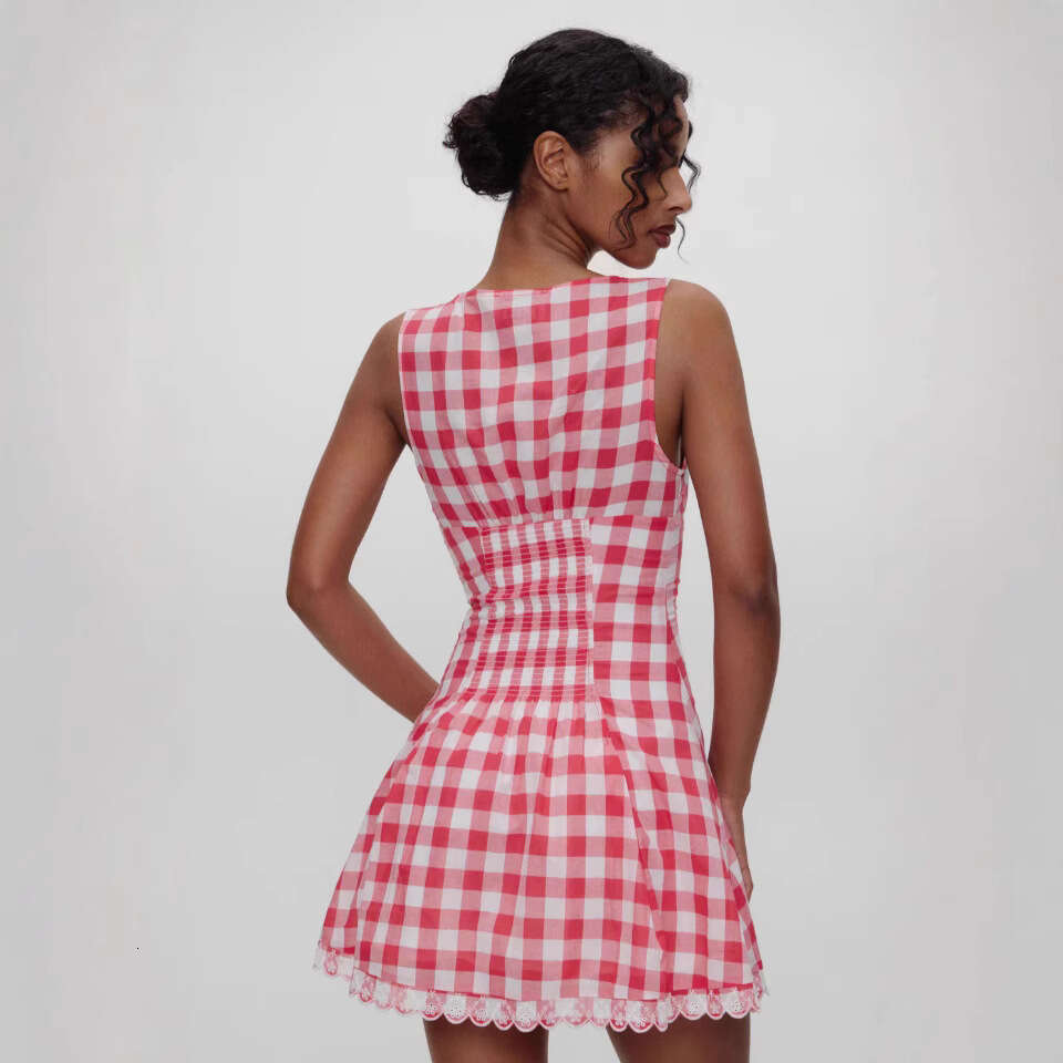 DHEssentials Summer Style Little Fragrance Hot Girl Sexy Backless Fashionable Short Plaid V-neck Halter Slim Waist Strap Dress
