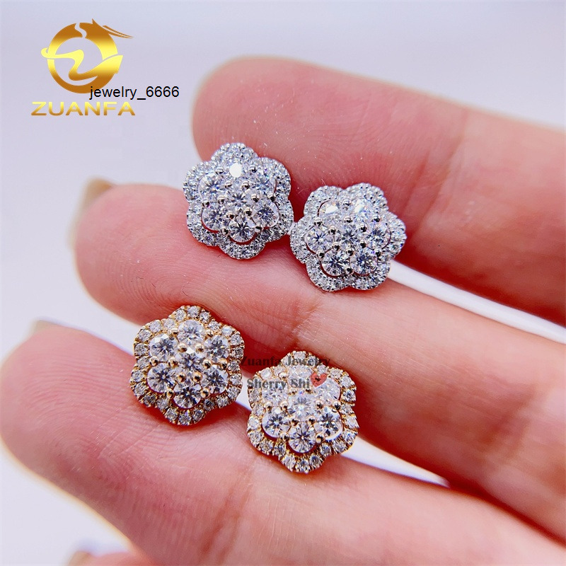 Iced Out Hip Hop Pass Diamond Tester Men 10k Gold Flower Cluster Earrings Vvs Moissanite Earrings Stud