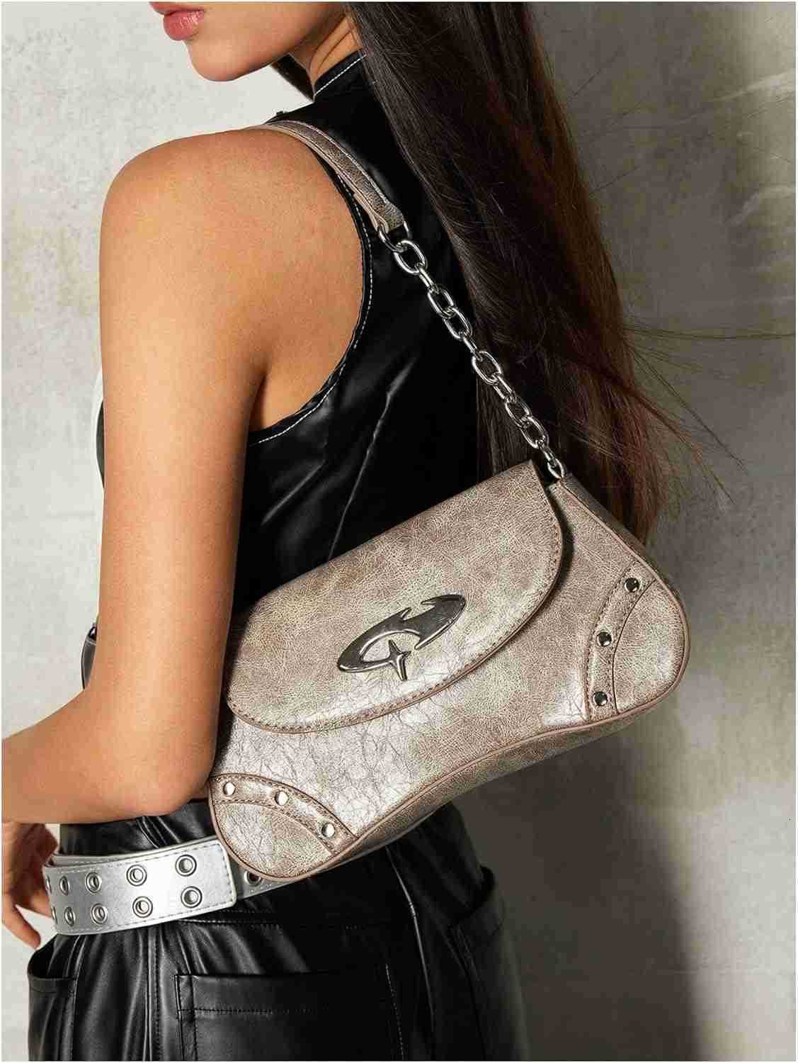 Womens Punk Studded Flap Leather Bags Chain Top Handle Underarm Shoulder Bag M250912