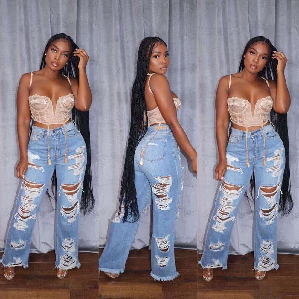 New European American sexy and fashionable burnt flower ripped jeans for sale in versatile temperament, new trendy clothing ins