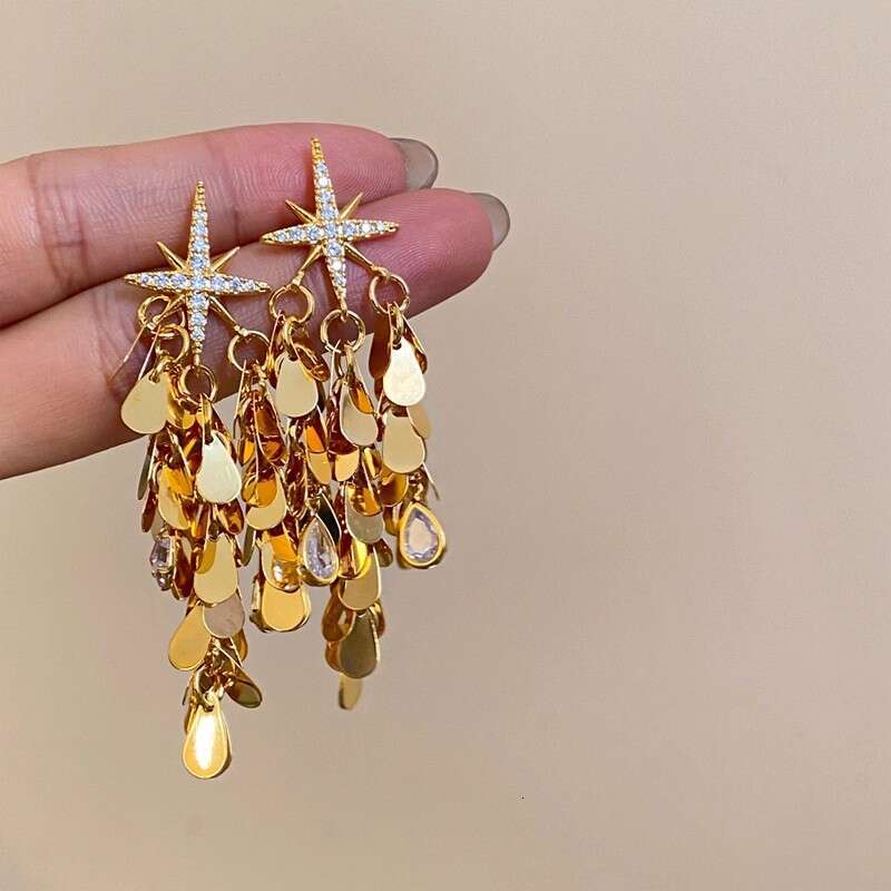 Eight-Pointed Zircon Shining Star Two-Way Wear Tassel Earrings Exaggerated Ear Jewelry