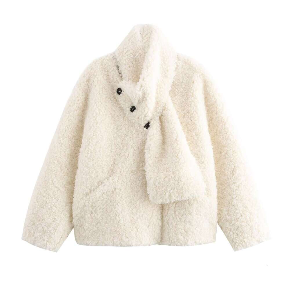 DHEssentials French Style Small Fragrance Wind Curled V-Neck Detachable Scarf Button Fur Coat