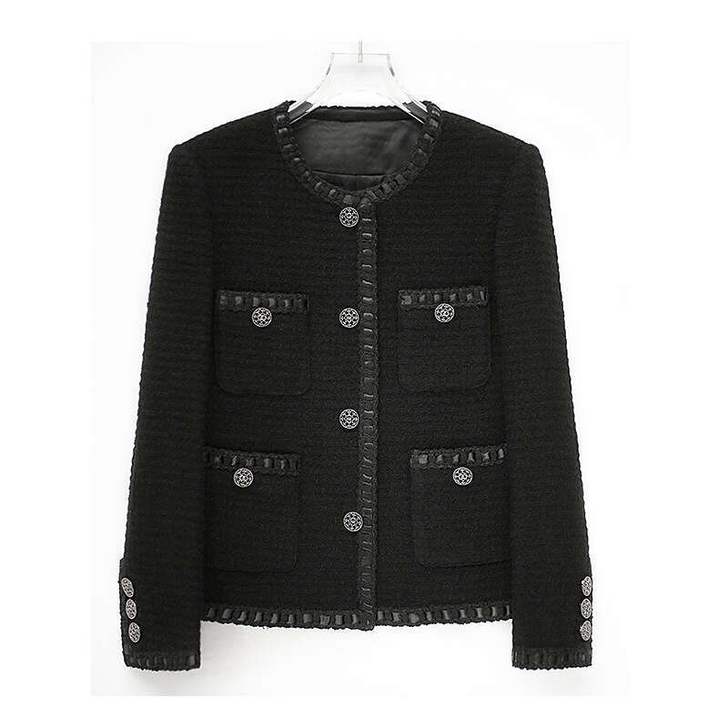 DHEssentials 100% Wool Black Tweed Blazer Spring Autumn Thickened Old Money Short Versatile Little Chanel Style Jacket
