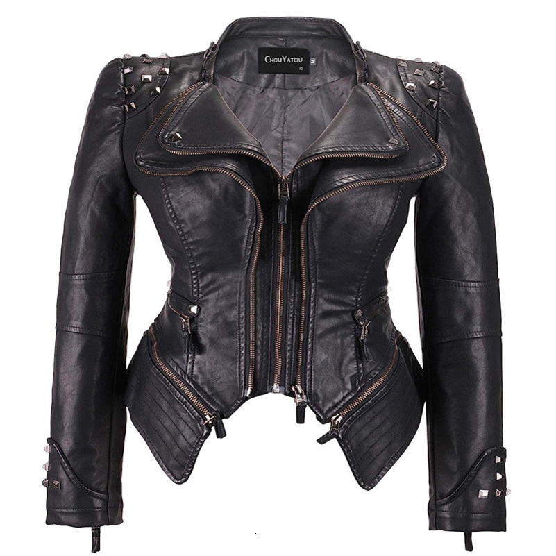 Spring Style Suit Collar Rivet Waist Short Washed Pu Leather Jacket 250911