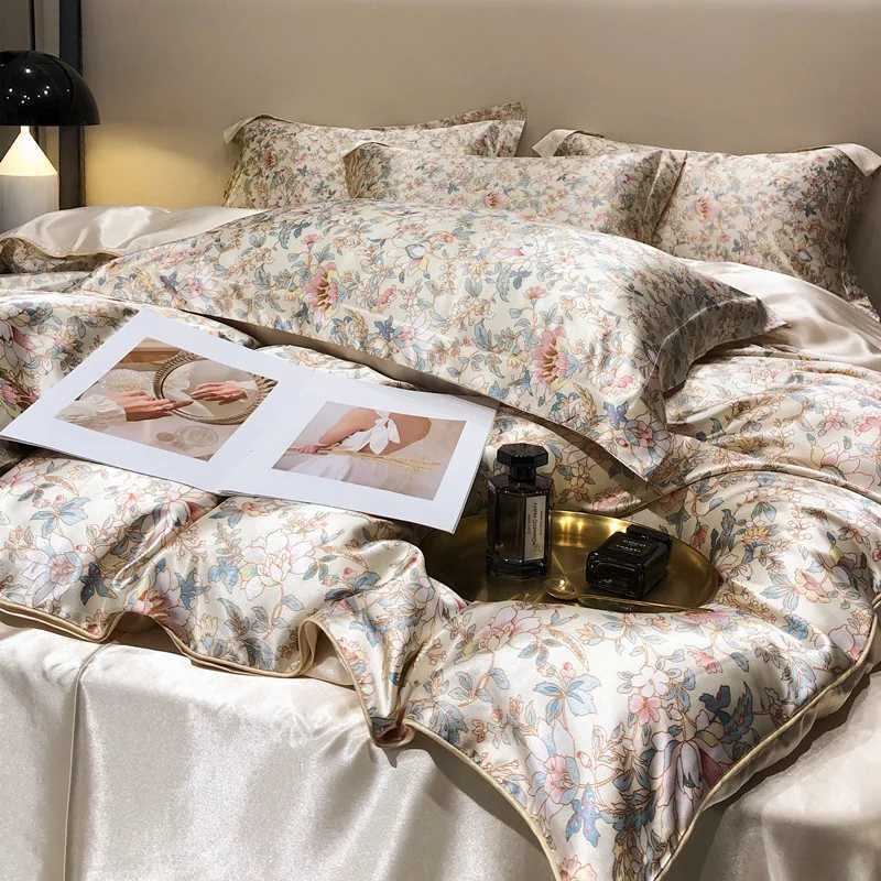 Floral Mulberry Silk Bedding Set with Duvet Cover Bed Sheet Luxury Highend Quilt Cover FittedFlat Bedsheet Double Queen Size C250912