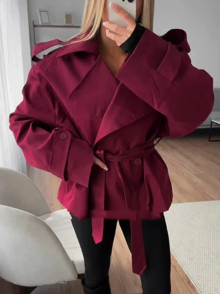 Women Lace Up Lapel Short Trench Coat Fashion Solid Waist Cinching Long Sleeve Windbreaker Chic Autumn Lady Outwear 250911