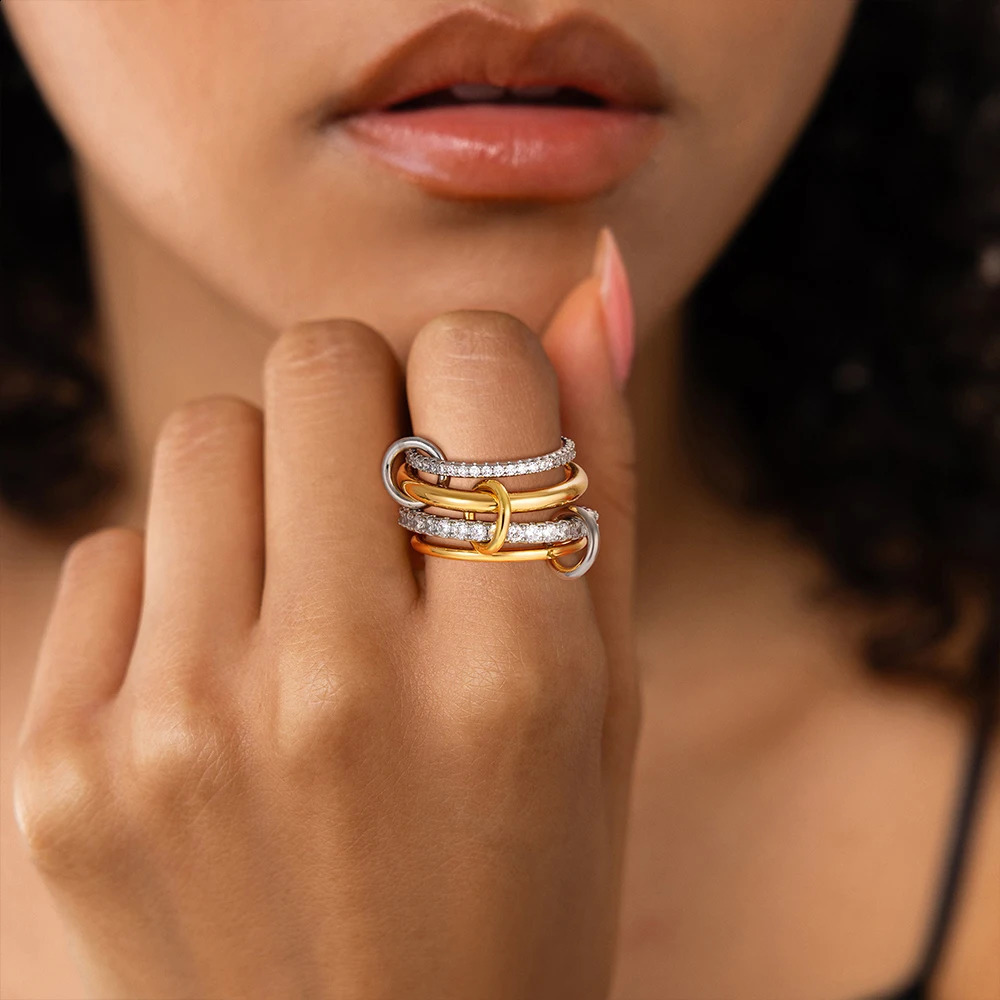 y Cubic Zirconia Gold Plating Multilayer Connecting Rings for Women Fashion Mixed Color Stackable Finger Ring Party Jewelry 250912
