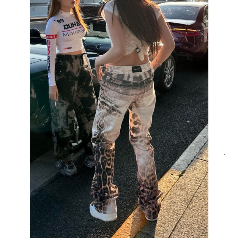 American Retro Leopard Print Gradient Wash Jeans Y2K Street Hip Hop Old Trousers Fashion Casual High Waist Straight Denim Pants 250911