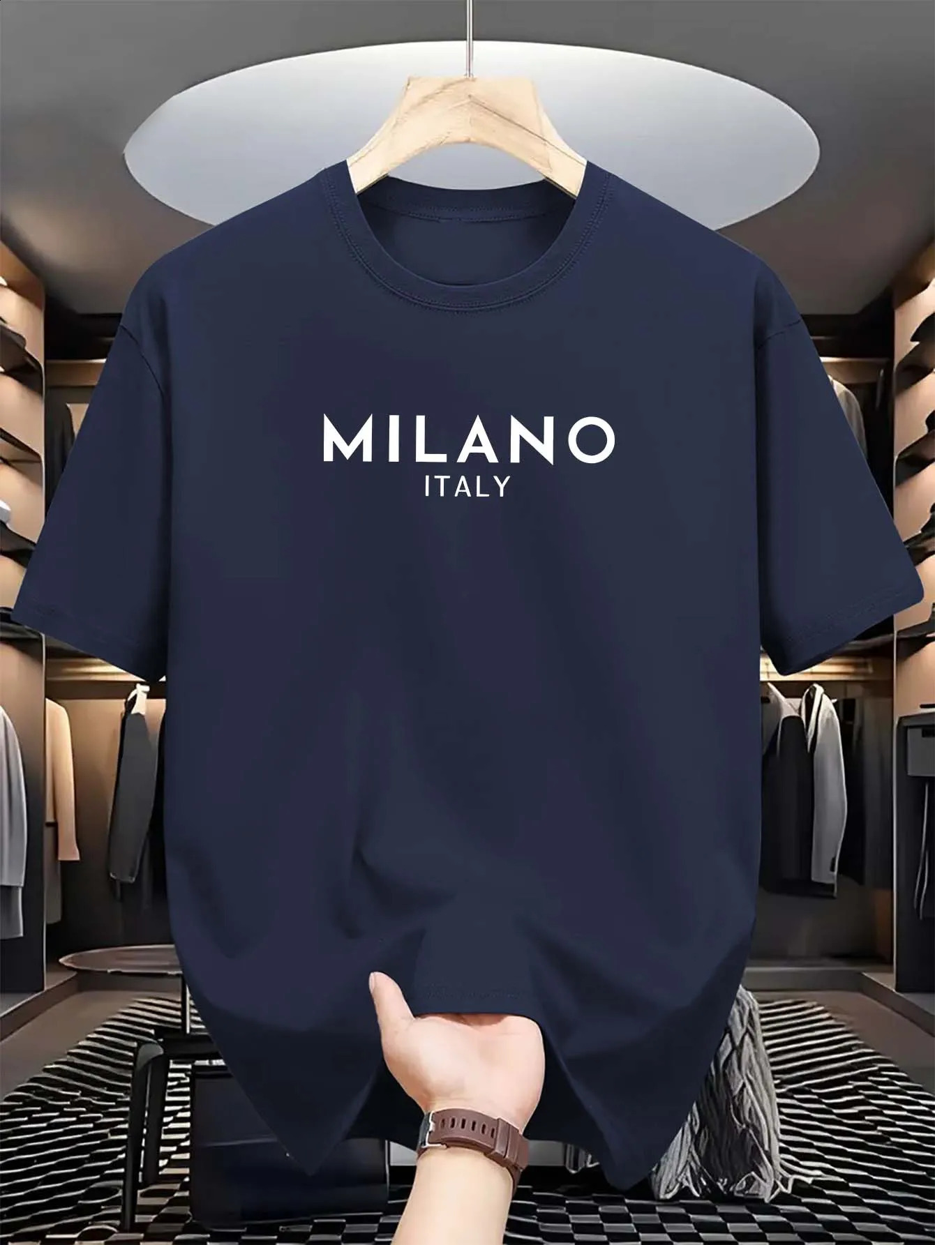 Summer mens 100 pure cotton casual loose and fashionable MILANO ITALY letter printed round neck short sleeved Tshirt top 250912