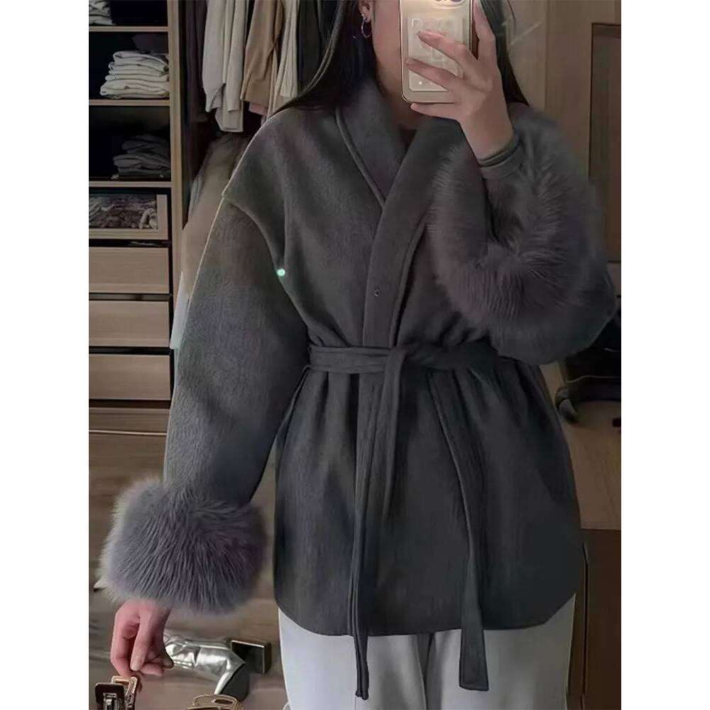 2025 Chic Lapel Plush Coat With Belt Women Vintage Solid Faux Fur Sleeve Tweed Open Coats Female Autumn Casual Street Outwear