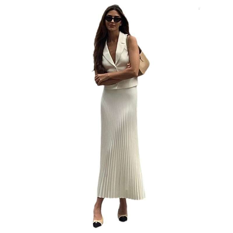 European and American Cross-Border Design Women's Fashion Summer New Suit Collar Blazer Vest Top Mid-Length Pleated Skirt Set