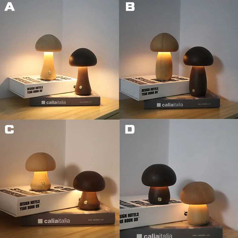 Wooden Mushrooms Night Light Touch Switch Bedroom Bedside Table Lamp Walnut Beech Wood Warm Dimmable Desk Light USB Chargeable C251122