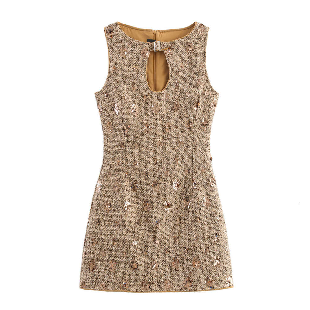 DHEssentials Summer New Women's Fashion Elegant Hollow Out Simple Sleeveless Design Beaded Chanel Style Dress