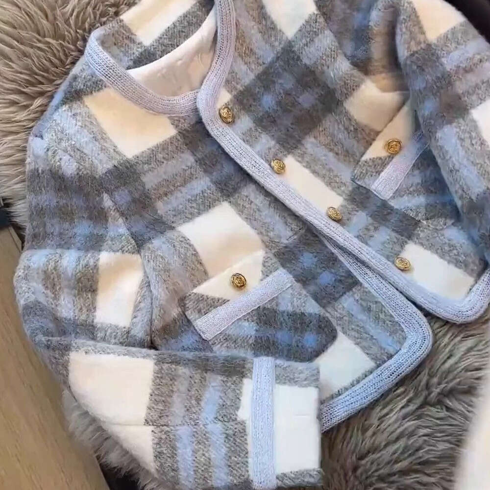DHEssentials Chanel Style High-End Elegant Socialite Woolen Coat for Women 2025 Autumn Winter Blue Plaid Short Thickened Top