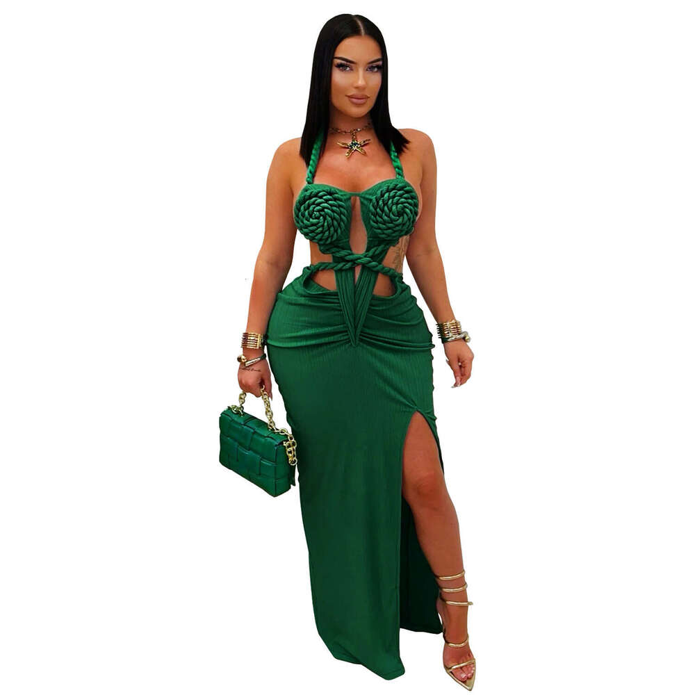 Cross-border European and American Fashion Design Women Sexy Knitted Halter Backless Solid Color Dress