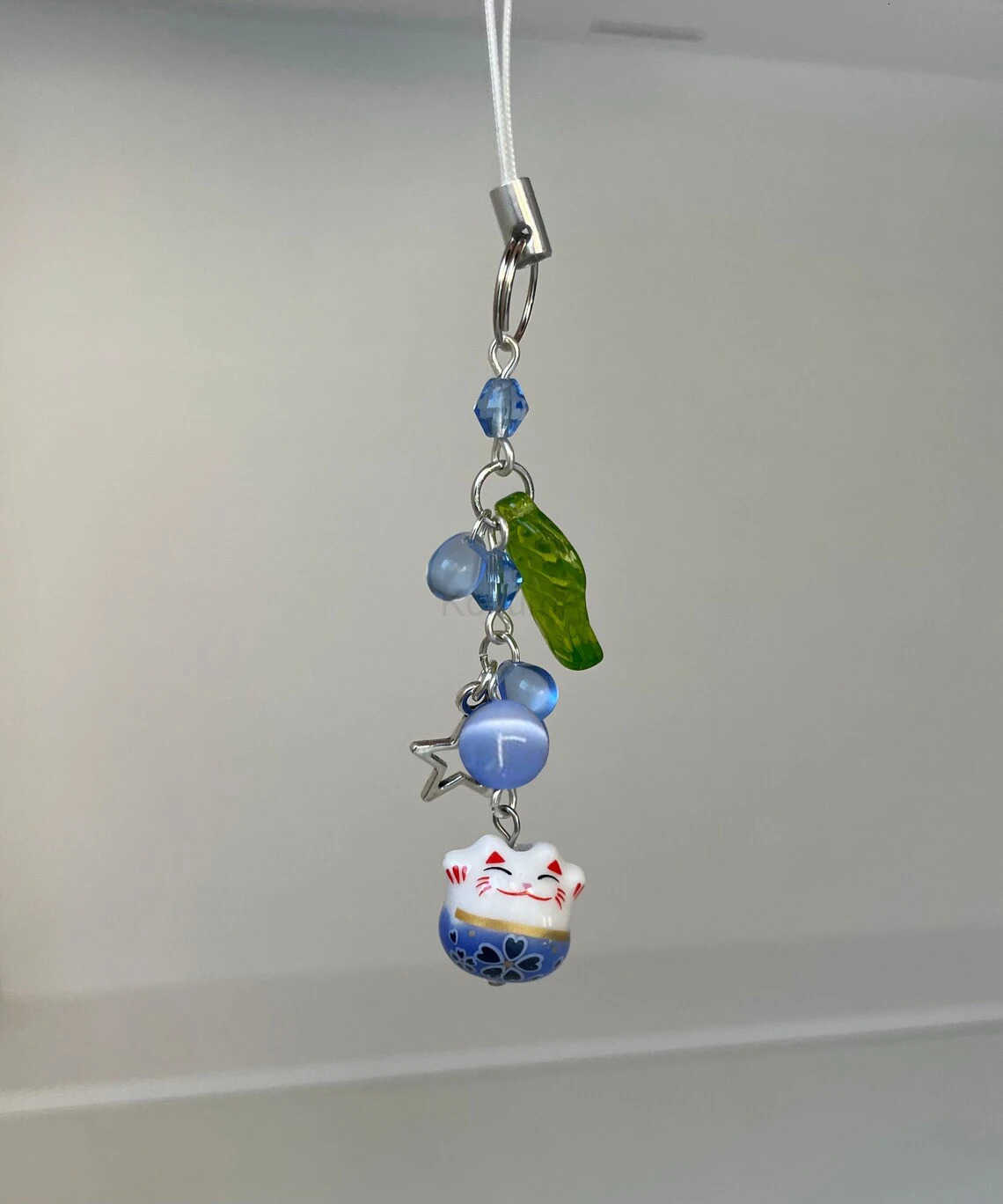 Handmade blue lucky cat phone charm cat charm phone accessories leaf charm blue lucky cat Keychain M250912