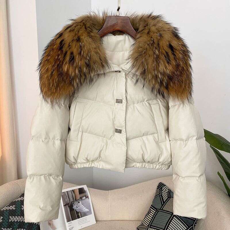 Women's Clothing Spot Winter New Women's Short Thick Warm Oversized Real Raccoon Fur Collar Down Jacket Small Size Coat
