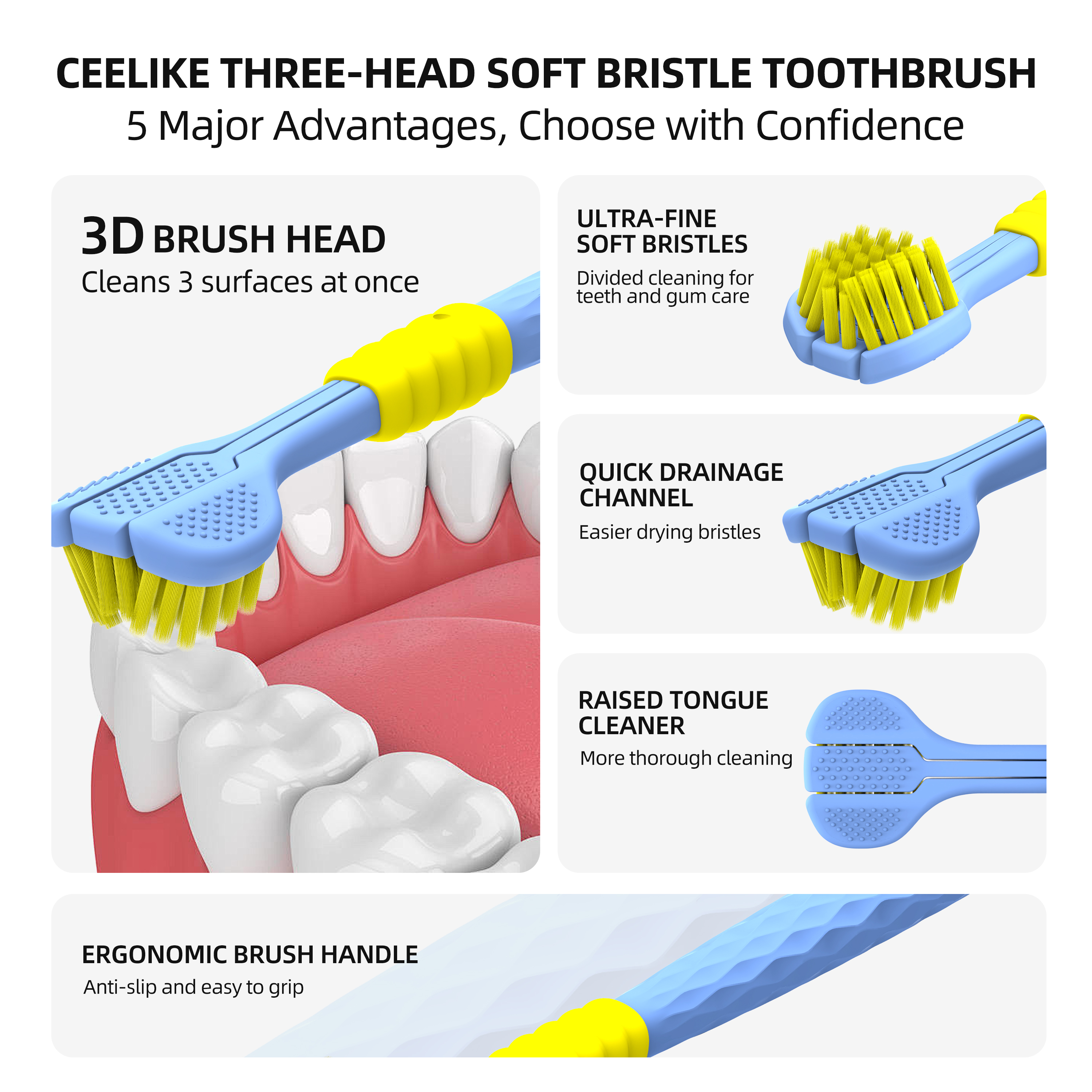 CEELIKE U-Shaped Toothbrush 3-Sided Oral Cleaner for Adults and Kids
