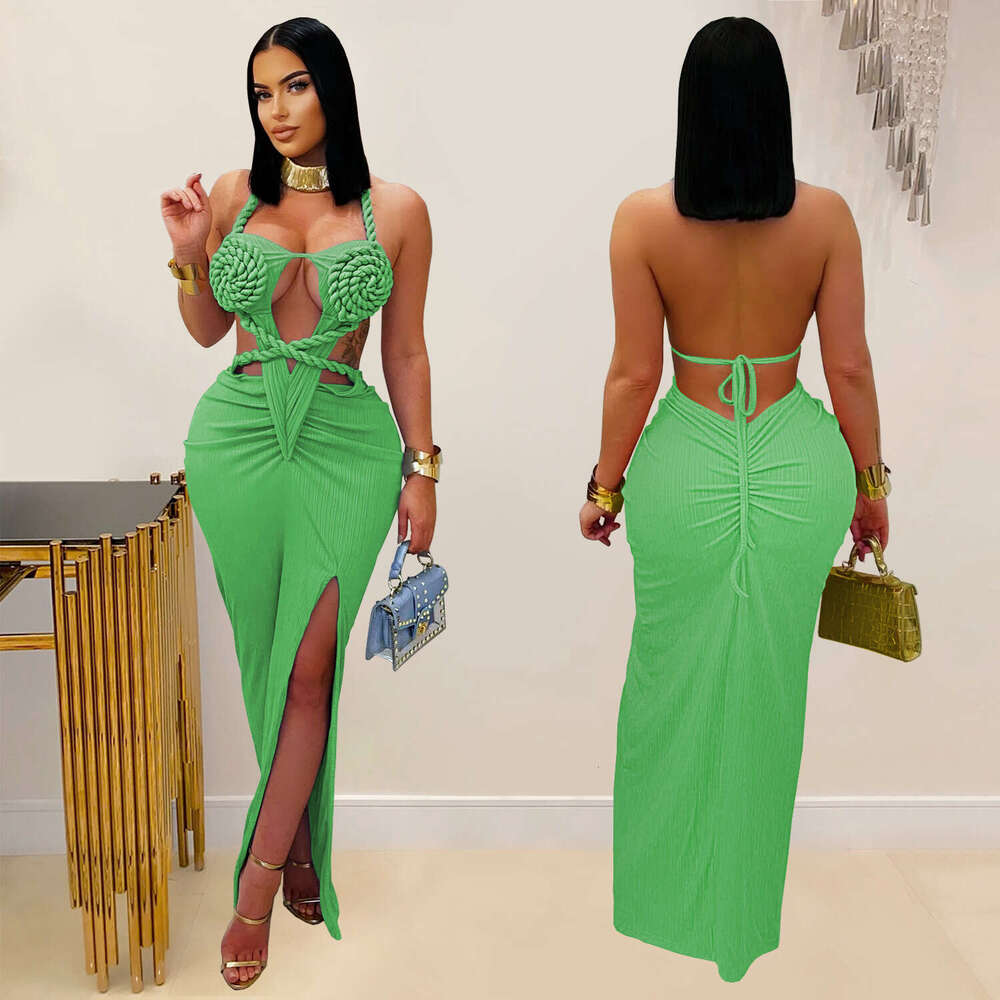 Cross-border European and American Fashion Design Women Sexy Knitted Halter Backless Solid Color Dress