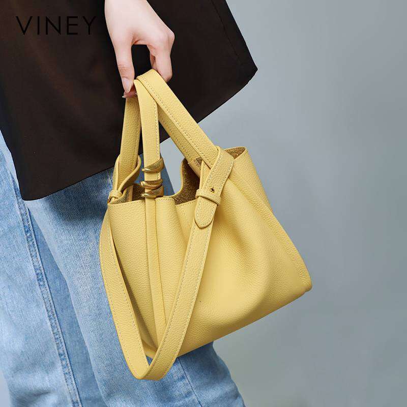 Viney 2025 New Style Women's Bucket Summer Shoulder Genuine Leather Hand-Held Vegetable Basket Bag
