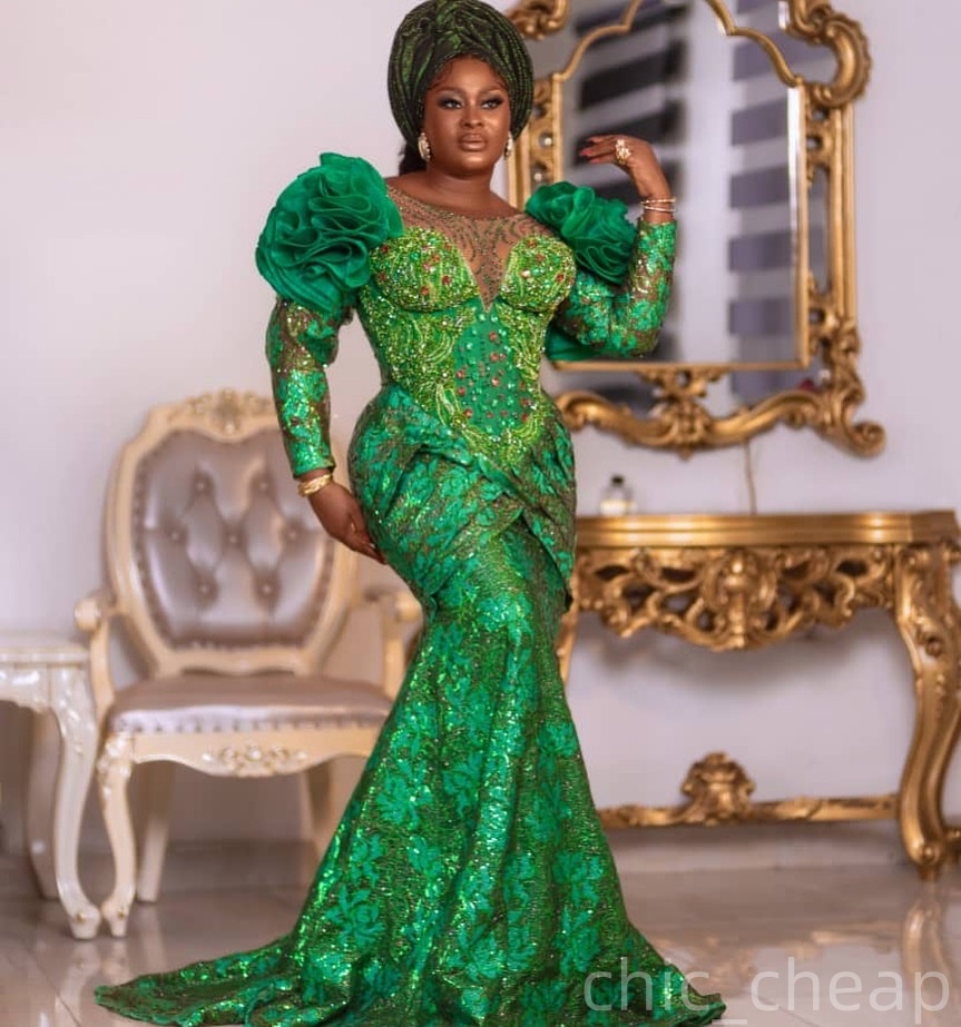 Aso Ebi Green Mermaid Prom Dresses 2025 Crystals Flowers Sheer Neck Evening Formal Party Second Birthday Engagement Gowns Plus Size Dress For Special 