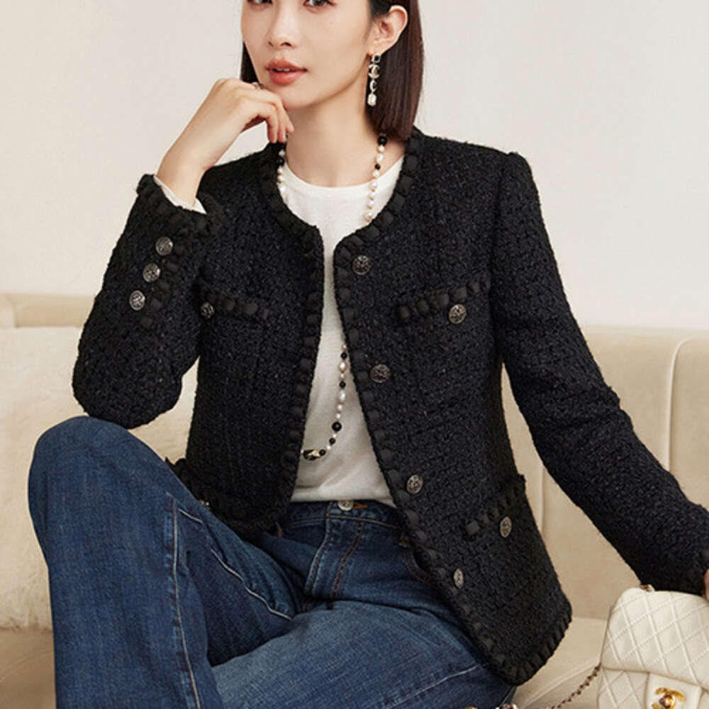DHEssentials 100% Wool Black Tweed Blazer Spring Autumn Thickened Old Money Short Versatile Little Chanel Style Jacket