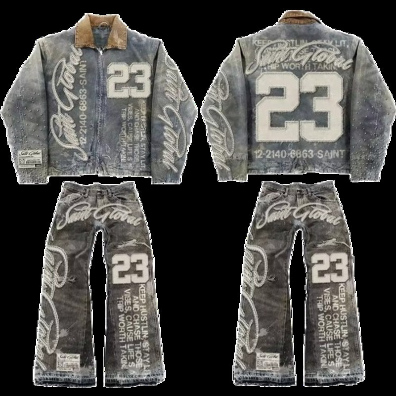 Streetwear Vintage Leather Jacket Jeans Two Piece Y2K Suit Hip Hop Letter Patchwork y Washed Blue Oversized Zipper Coat 250911