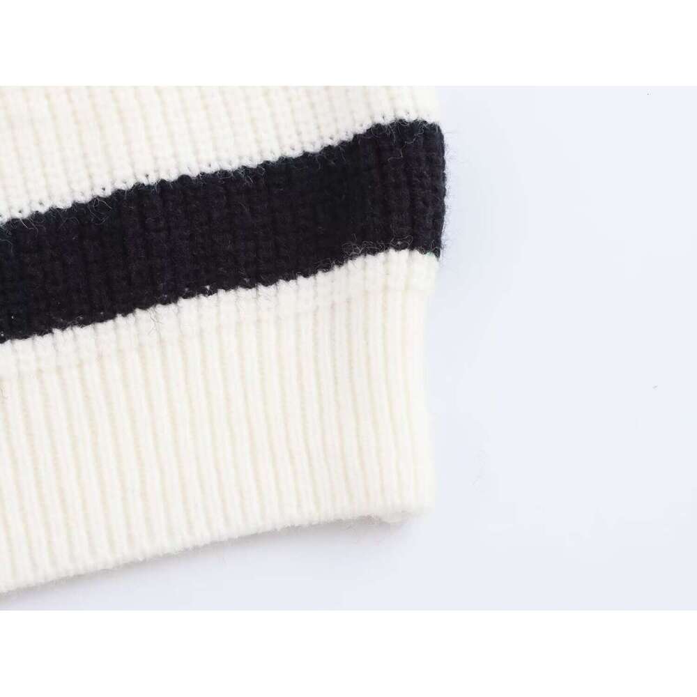 DHEssentials 2025 Autumn New French Style Chunky Knit Polo Square Neck Striped Pullover Sweater