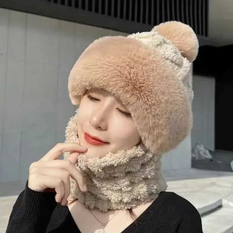Winter Scarf Set Hooded Hat Set Wen Plush Neck Warm Russia Outdoor Skiing s Windproof Plush Hat Thick Plush Fluffy Beanies G250910