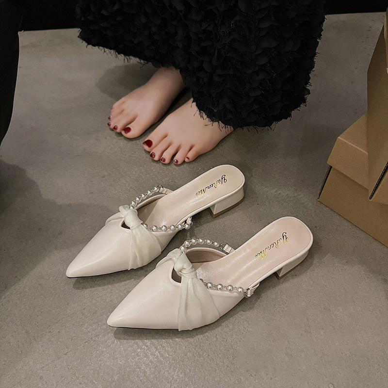 Luxury Sandals 2025 New Pearl-Embellished Mules for Women - Elegant Open-Back Low Heel Sandals with Slip-On Design, Chunky Toe Shape Summer Casual Sho