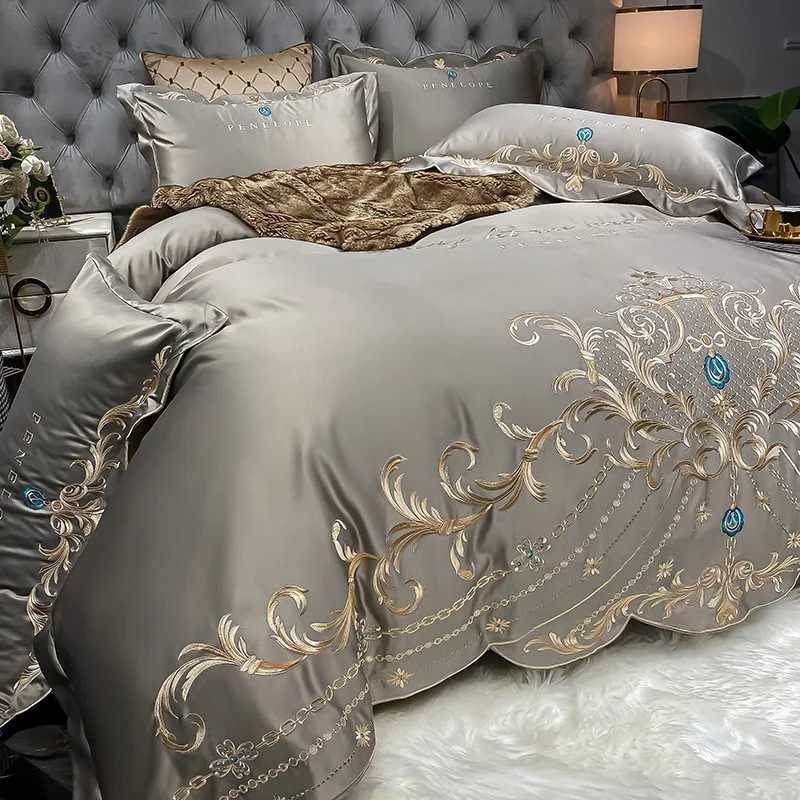 4pcs Gray Sateen Gold Embroidery Luxury Satin Cotton Bedding Set Double Queen King Comforter Cover Bed Sheet Pillowcases 48x74cm C250912