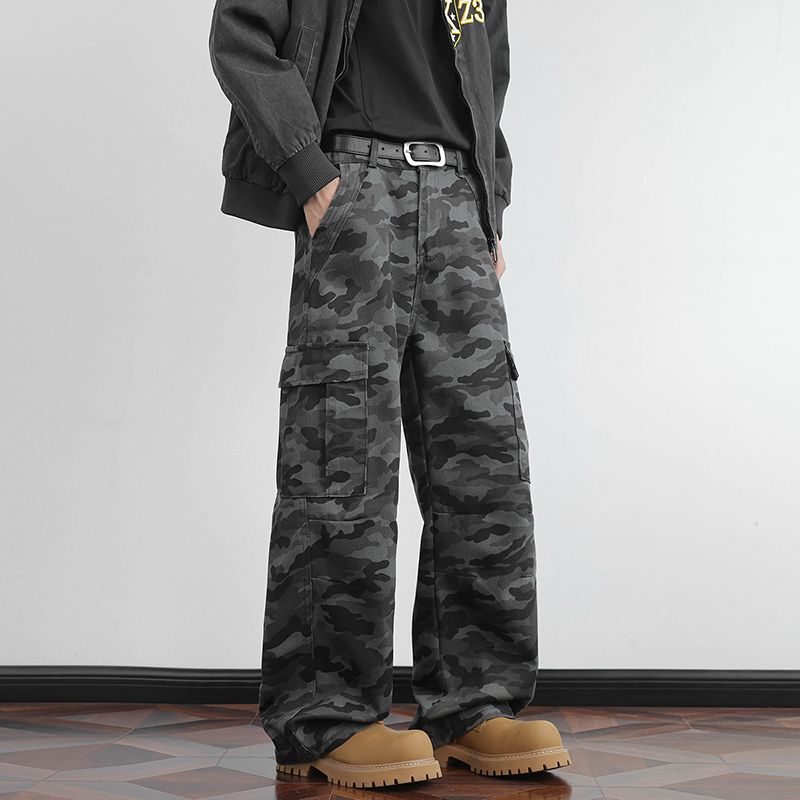 Men's Jeans Autumn Winter Camouflage Cargo Jeans -&Elastic Waistband (Semi) + Button Belt Design, Stylish Versatile Long Pants Unisex