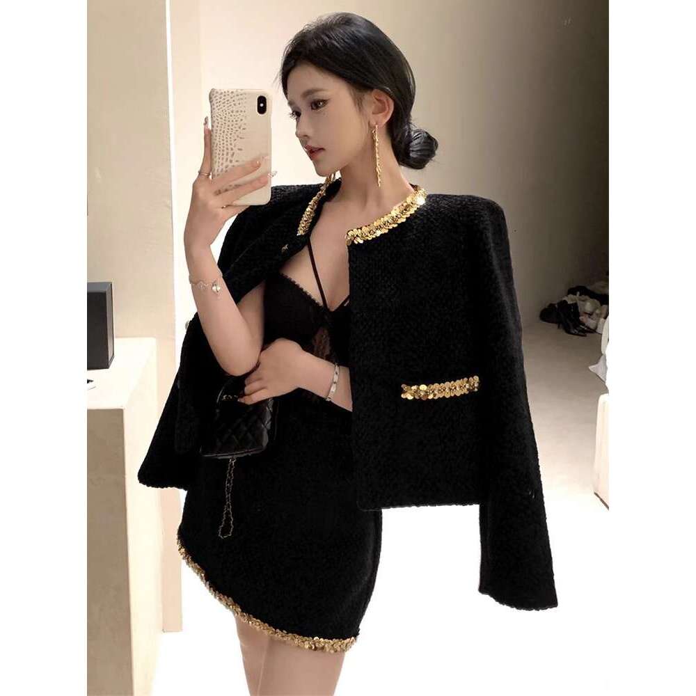 DHEssentials Chanel Suit 2025 New French Style Rich Lady Socialite Black Sequin Wool Blazer Women Autumn Winter