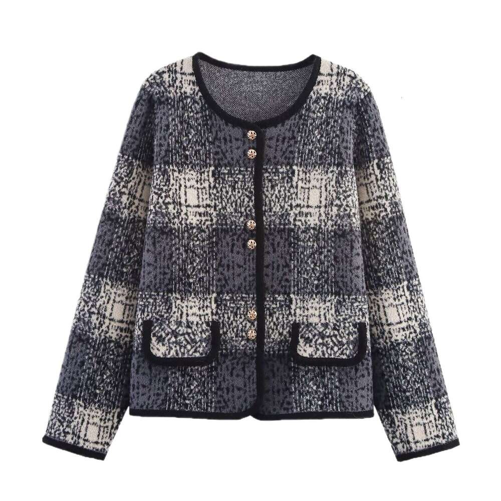 DHEssentials 2025 Autumn New Women's Fashion Small Fragrance Style Round Neck Double Button Plaid Color Block Knitted Long Sleeve Jacket