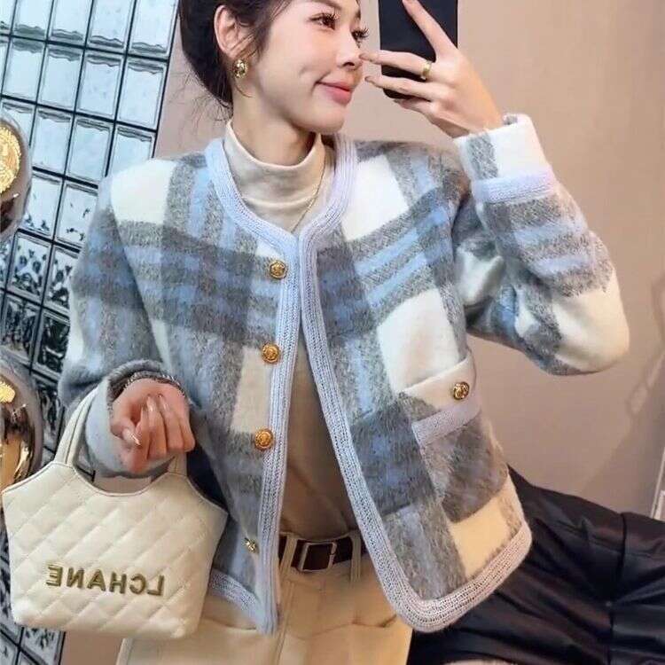 DHEssentials Chanel Style High-End Elegant Socialite Woolen Coat for Women 2025 Autumn Winter Blue Plaid Short Thickened Top