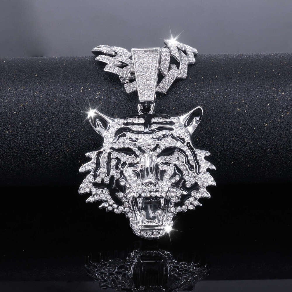 Cool 3D Full Dia New Oil Painting Tiger Head Pendant Trendy Personality Men's Hip-Hop Necklace