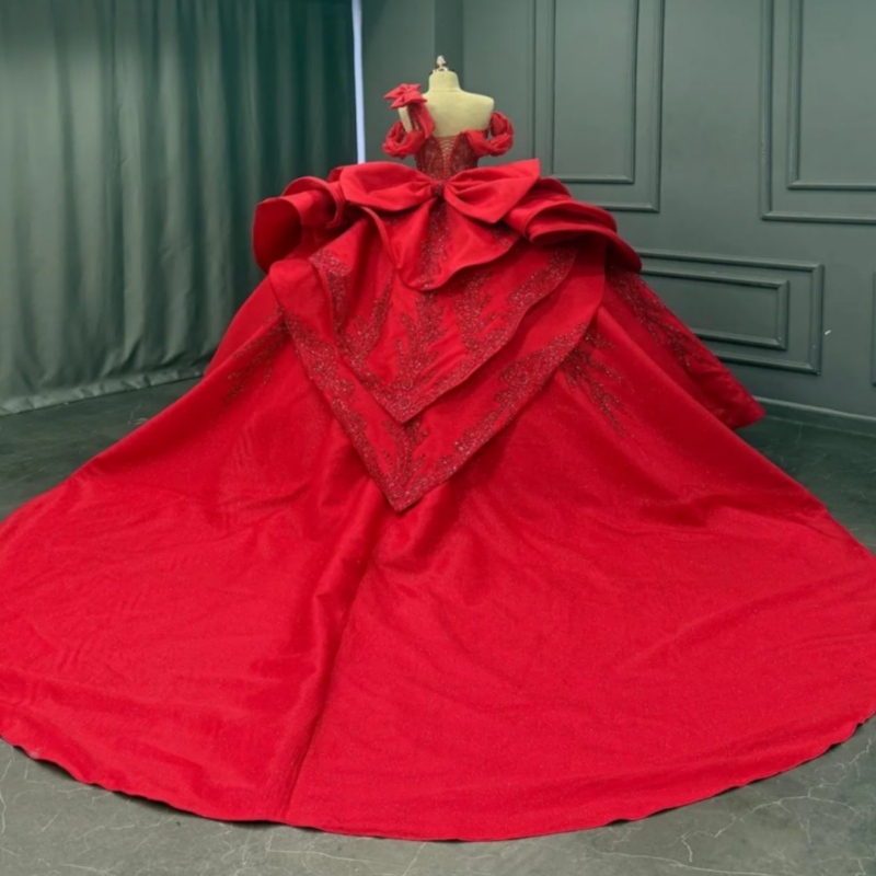 Red Shiny Ball Gown Quinceanera Dresses Off The Shoulder Sequin Applique Bow Beading Corset Tull Party Birthday Sweet 16 Dress Vestidos 15 De Anos